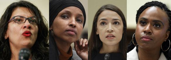 Representatives denounced by Trump. From left: Rashida Tlaib, Ilhan Omar, Alexandria Ocasio-Cortez, and Representative Ayanna Pressley.