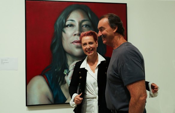 Artist, Kathrin Longhurst with Head Packer, Brett Cuthbertson, at the announcement of her win of the Packing Room Prize for her portrait of Kate Ceberano, in the 2021 Archibald Prize at the Art Gallery of NSW in Sydney.