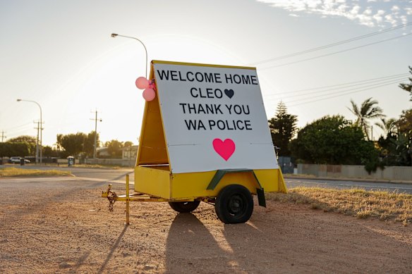 A sign thanking police for finding Cleo Smith is seen on the main road into Carnarvon.