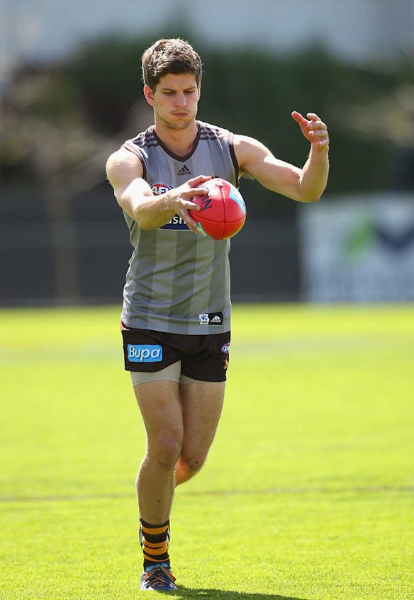 Luke Breust of the Hawks kicks during a Hawthorn Hawks AFL training session at Waverley Park .