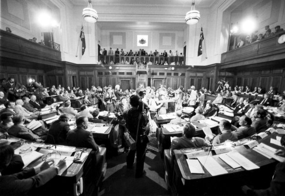 Interior of the chamber during the opening day of the National Economic Summit in Canberra on April 11, 1983.  