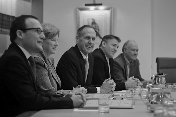 Prime Minister Julia Gillard chaired the Multi-Party Climate Change Committee with L to R Adam Bandt, Senator Christine Milne, Senator Bob Brown, Rob Oakeshott and Tony Windsor on the morning of the release of the details of the proposed carbon tax at Parliament House Canberra on Sunday 10 July 2011.