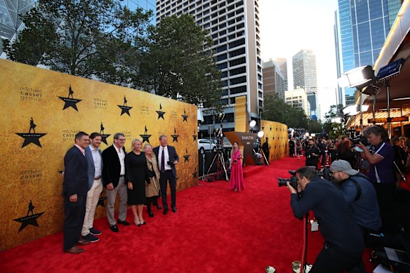 Melbourne Lord Mayor Sally Capp (C) attends the Melbourne premiere Hamilton at Her Majesty's Theatre on March 24, 2022 in Melbourne, Australia.