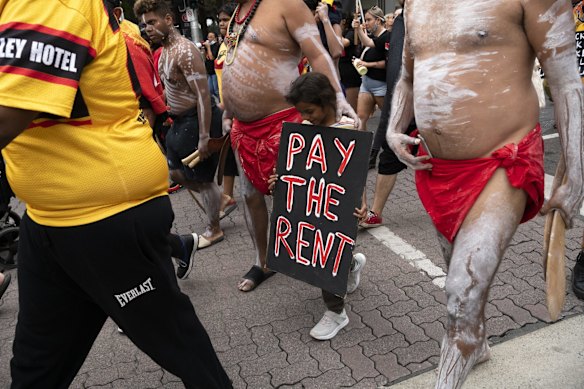 The Aboriginal Tent Embassy is celebrating it's 50th anniversary on the 26th January. An Invasion Day march took place from Garema Place to the Aboriginal Tent Embassy. Canberra, January 26, 2022. Photo: Rhett Wyman/SMH