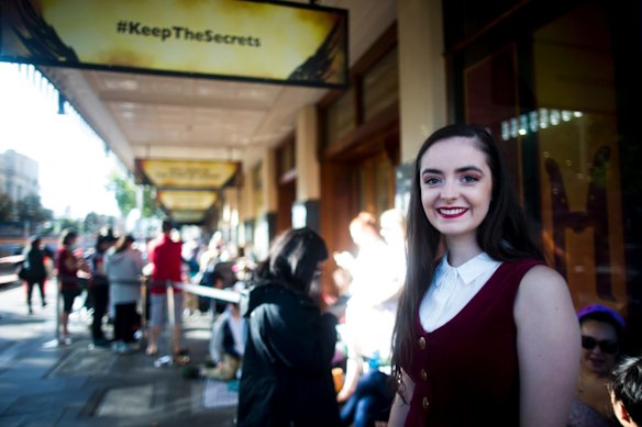 Abbey Williams queues up outside the Princess Theatre to snap up free tickets to the final stage show dress rehearsals of Harry Potter and the Cursed Child. 