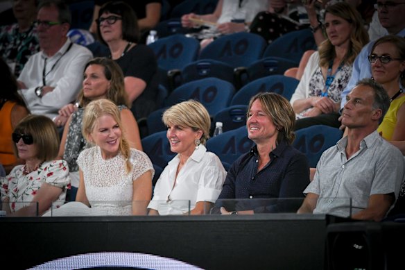 Julie Bishop (centre) attends the Australian Open 2019 women's singles semifinal between Petra Kvitova and Danielle Collins with (L-R) Anna Wintour, Nicole Kidman, Keith Urban and her partner David Panton.