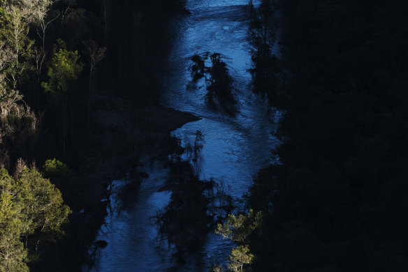 An aerial view of one of the rivers flowing into Lake Burragorang in the Blue Mountains World Heritage Area.
