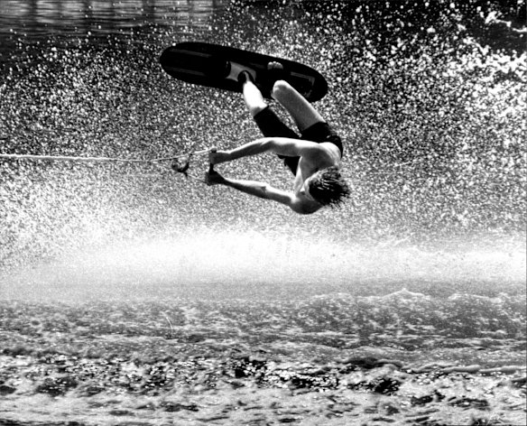 US champion water skier Sammy Duval shows his skill in a practice run for the Moomba Master water skiing championship, 1980.