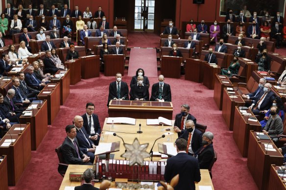 Maskless Opposition Leader Peter Dutton and a masked Prime Minister Anthony Albanese in the Senate.