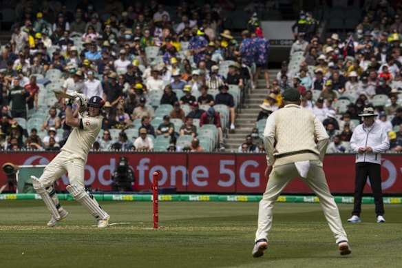 Ben Stokes slices a Cameron Green delivery to Nathan Lyon to be dismissed.