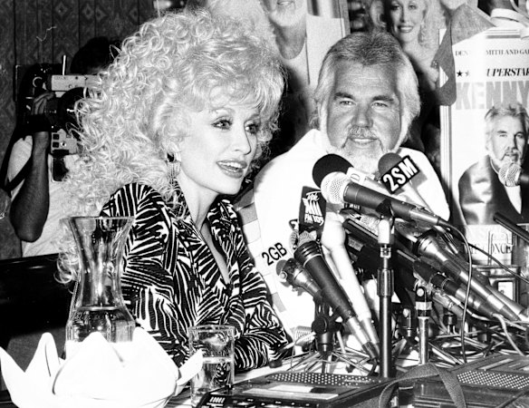 A press conference at the Intercontinental Hotel for the American country and western singers, Dolly Parton and Kenny Rogers, who are in Australia for a concert tour, 28 January 1987.