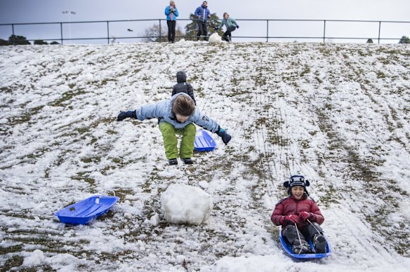 Children play in the snow at Blackheath Oval.