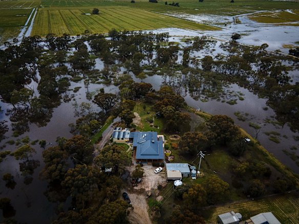 An aerial view of Appin South resident Clancy Watts's flooded property.
