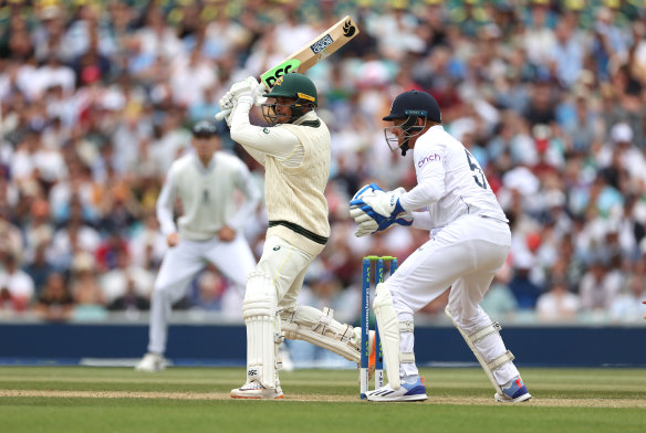 Usman Khawaja of Australia bats during day four of the Test.