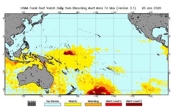 Rising risk of coral bleaching off Australia and elsewhere in the western Pacific.