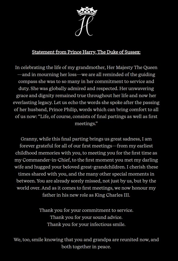 The Duke of Sussex has released a statement following the Queen’s death.