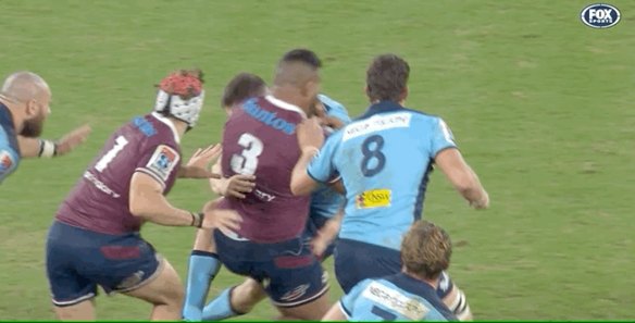Lachlan Swinton lets Taniela Tupou know what he thinks in last Friday's match in Brisbane. 