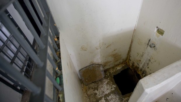 The jail cell shower area where authorities claim drug lord  El Chapo, slipped into a tunnel to escape from the Mexican Altiplano maximum security prison.