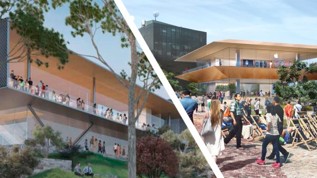 The Apple store has released a new design for its Federation Square flagship store (left) after the original design (right).