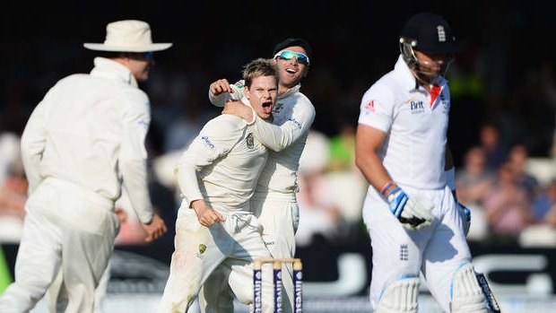 Steve Smith celebrates after his third wicket of his spell, having England wicketkeeper Matt Prior caught behind.