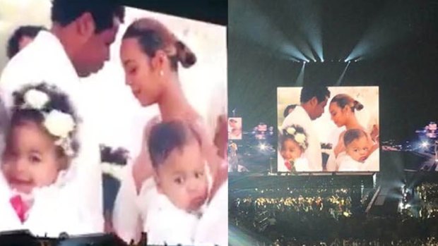 A video display of Beyonce and Jay Z appearing to renew their vows in front of their twins, Rumi and Sir.