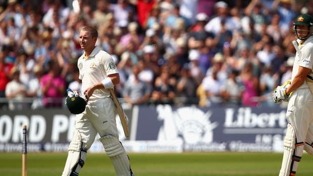 Brad Haddin (left) leaves the field after he is given out by the third umpire, ending a stirring 66-run partnership between he and James Pattinson (right).