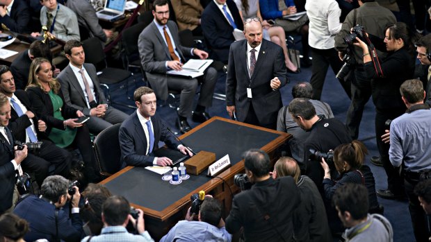 Facebook CEO Mark Zuckerberg testifying before a joint hearing of the Commerce and Judiciary Committees.