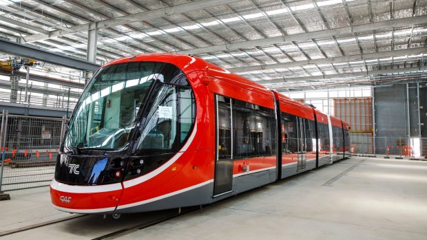 Canberra's first light rail vehicle at its depot in Mitchell.
