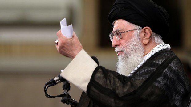 Iranian supreme leader Ali Khamenei speaking during a meeting with Iranian government on conditions for following a nuclear deal with European countries. 
