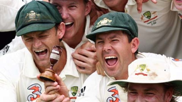   Adam Gilchrist and Ricky "Punter" Ponting after regaining the Ashes in  2006. Happier days.