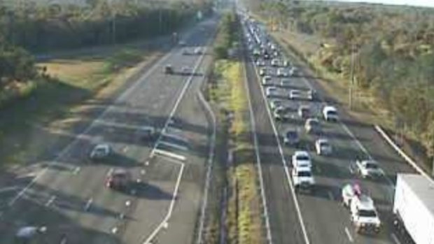A traffic camera captures the southbound gridlock on the Bruce Highway in Burpengary about 4pm.