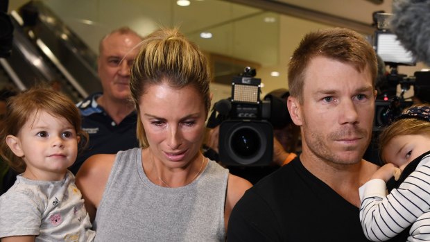 David and Candice Warner arrived with their children in Sydney on Thursday night.