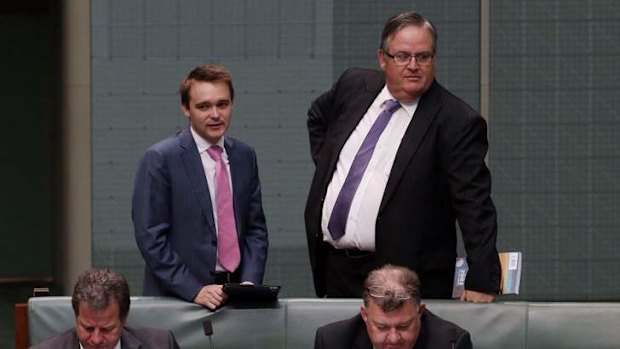 Wyatt Roy and Ewen Jones during  question time. Photo: Andrew Meares