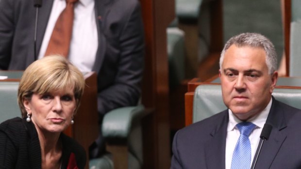 Foreign Affairs Minister Julie Bishop with Joe Hockey after his valedictory speech on Wednesday.