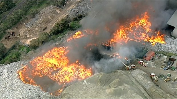The fire at the Coolaroo recycling plant.