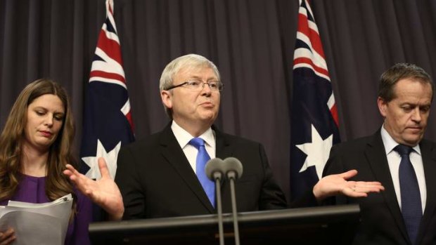 Prime Minister Kevin Rudd with Childcare Minister Kate Ellis and Education Minister Bill Shorten in Canberra on Monday.
