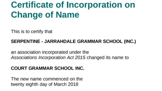 A copy of the documentation confirming the school's name change.