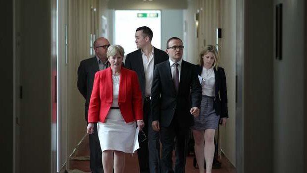 Greens leader Senator Christine Milne and Deputy leader Adam Bandt en route to a debt ceiling press conference. Photo: Alex Ellinghausen