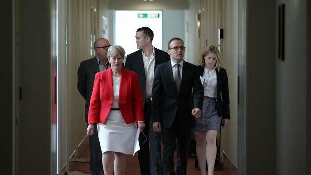 Greens leader Senator Christine Milne and Deputy leader Adam Bandt en route to a debt ceiling press conference. Photo: Alex Ellinghausen