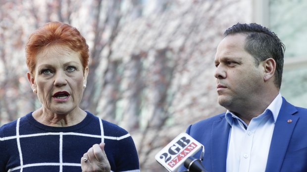One Nation senators Pauline Hanson and Peter Georgiou address the media.