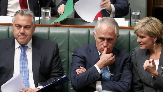 Treasurer Joe Hockey, Prime Minister Malcolm Turnbull and Foreign Affairs Minister Julie Bishop during question time on Wednesday.