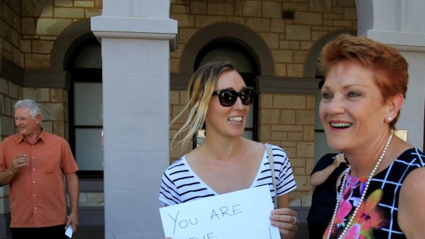Pauline Hanson on the Hustings in Kalgoorlie. Adelaide woman Kate Wilking couldn't resist the urge to let her feelings towards One Nation be heard while in Kalgoorlie. March 8 , 2017 Photograph by Dean Sewell/Oculi