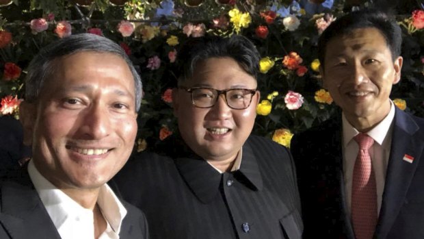 North Korea leader Kim Jong-un with Vivian Balakrishnan, Singapore's Foreign Minister, and Education Minister Ong Ye Kung.