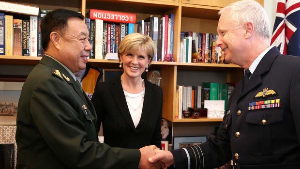 Foreign Affairs Minister Julie Bishop (centre) and Chief of the Defence Force Air Chief Marshal Mark Binskin (right) meet with General Fan Changlong, Vice Chair of China's Central Military Commission. Photo: Alex Ellinghausen