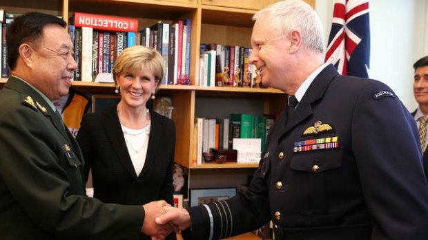 Foreign Affairs Minister Julie Bishop (centre) and Chief of the Defence Force Air Chief Marshal Mark Binskin (right) meet with General Fan Changlong, Vice Chair of China's Central Military Commission. Photo: Alex Ellinghausen