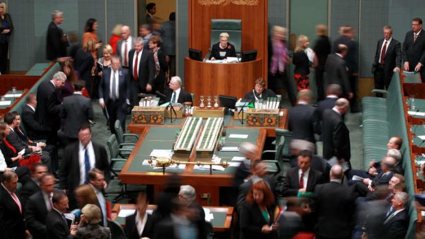 Speaker Bronwyn Bishop during a division as Manager of Opposition Business Tony Burke moves a motion to refer the Speaker to the privileges committee. Photo: Alex Ellinghausen