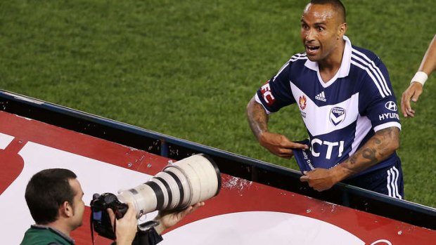 Picture perfect: Archie Thompson celebrates becoming the only man to score in all 10 seasons of the A-League.