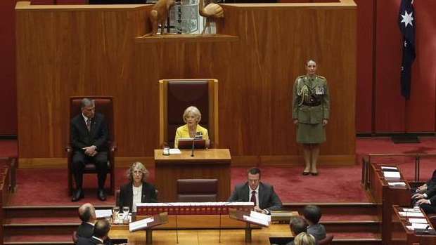 The Governor-General Quentin Bryce addresses the Parliament from the Senate Chamber. Photo: Andrew Meares