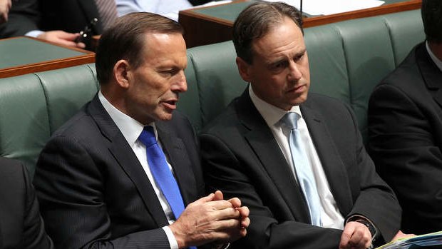 Prime Minister Tony Abbott and Environment Minister Greg Hunt in discussion during a division. Photo: Alex Ellinghausen