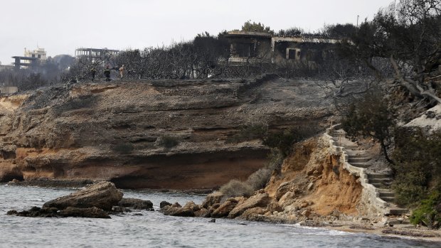 Firefighters stand on a cliff top where burned trees hug the coastline in Mati east of Athens, Tuesday.